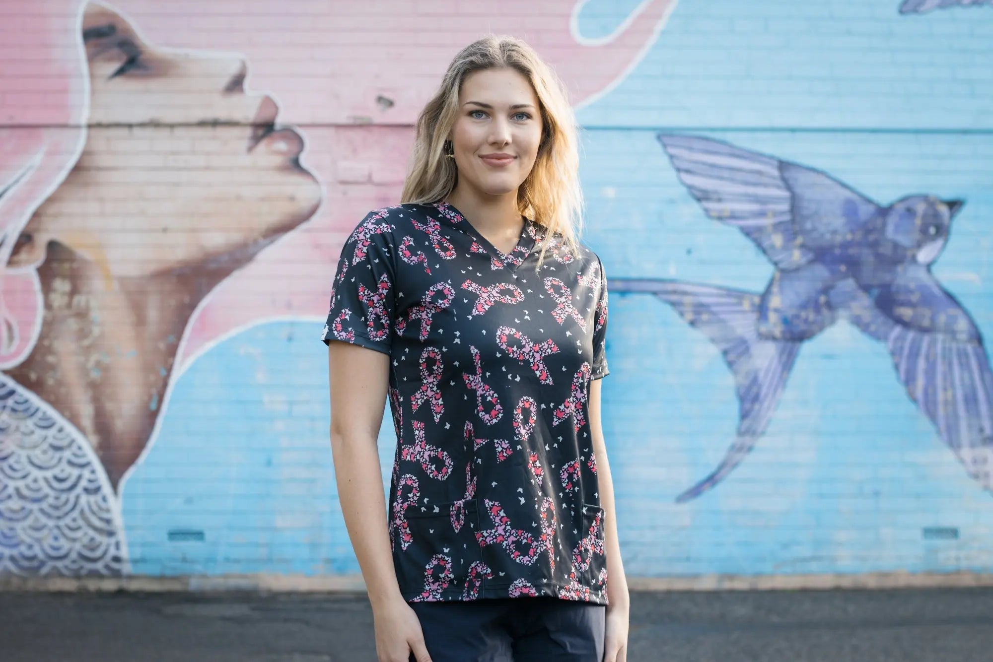 Softies Women's Pink Ribbons Slim Fit Fun Scrub Top PROT01 - City Workwear